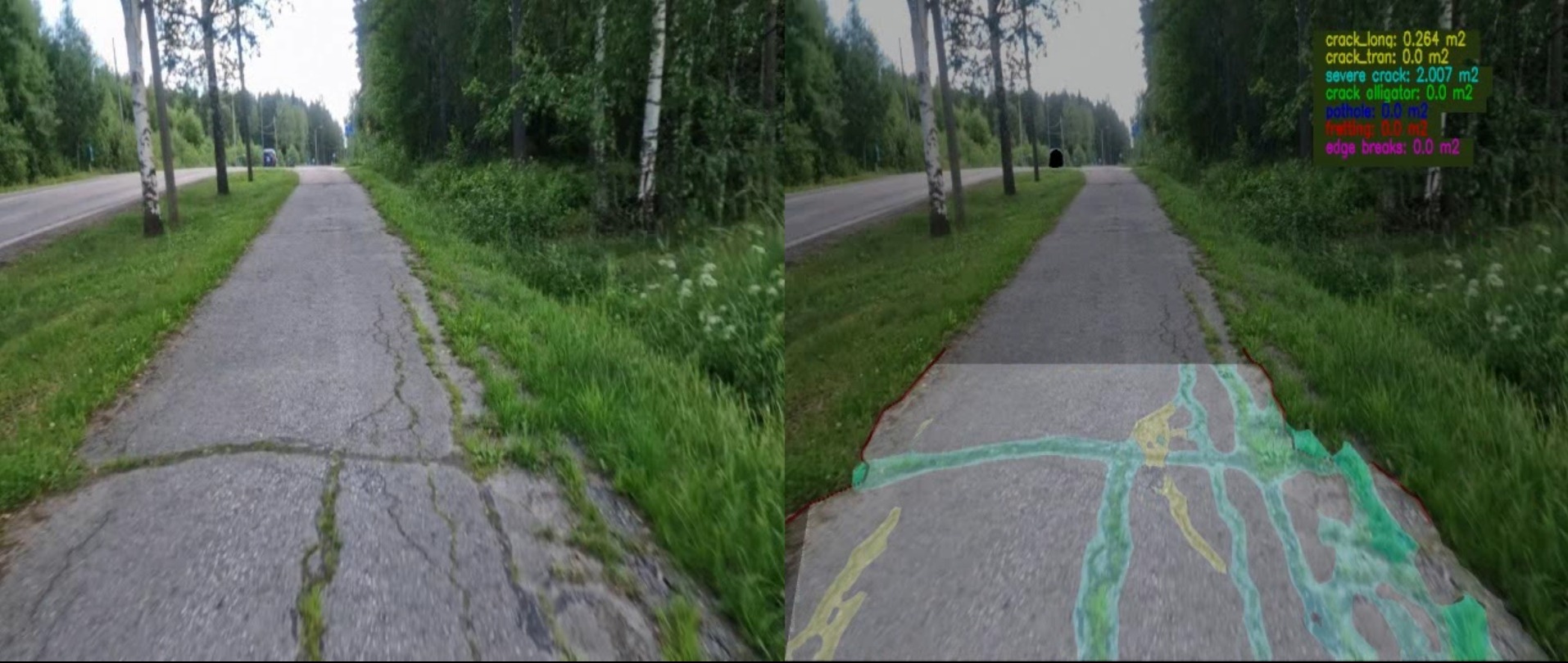 The same cycle path twice: the raw video frame on the left, and on the right the cracks found by computer vision coloured over the pavement, with the area of each damage type