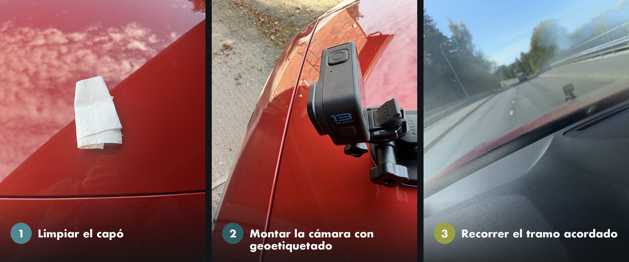 Un levantamiento piloto en tres pasos: limpiar el capó, montar la cámara con geoetiquetado, recorrer el tramo acordado